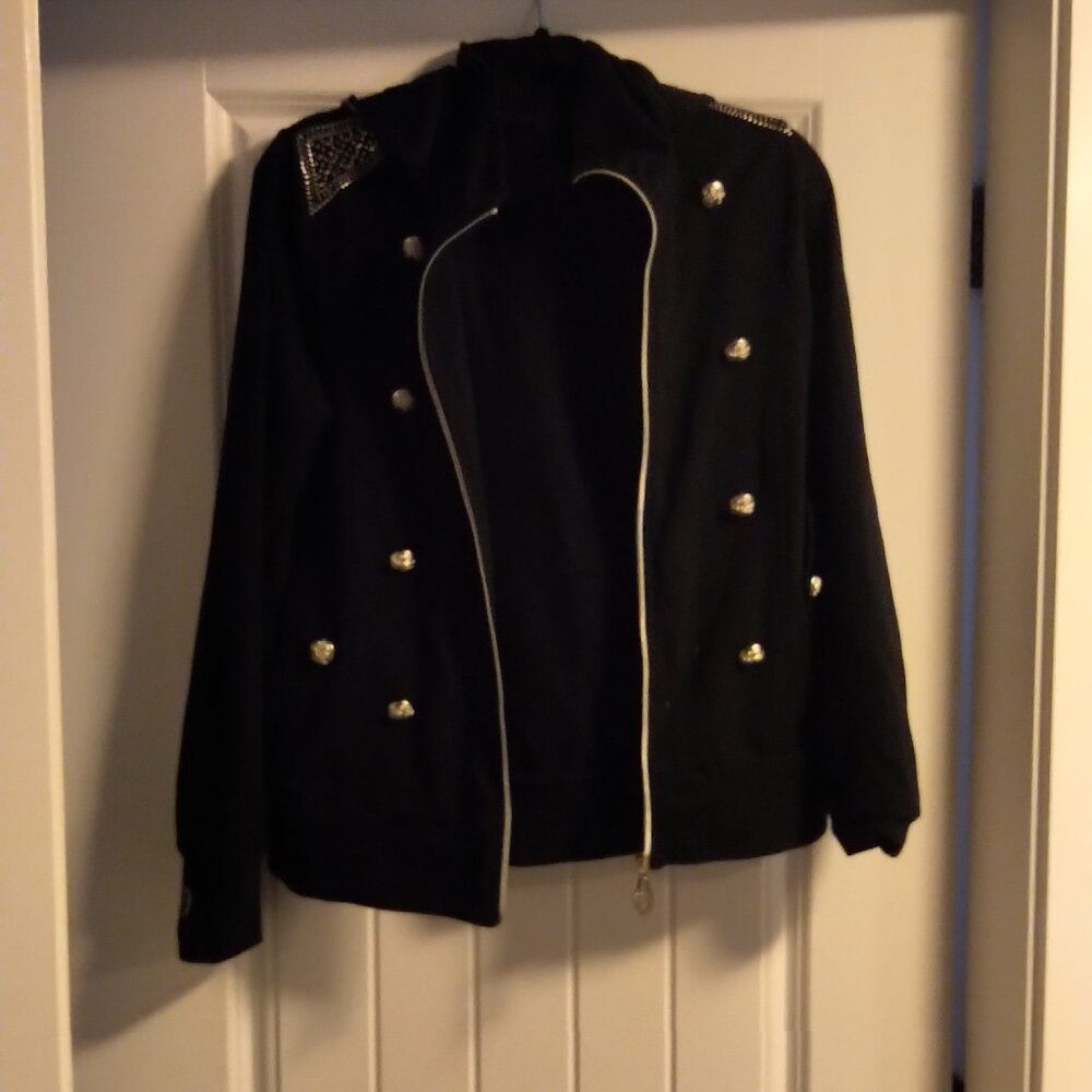 Black Zippered Casual Jacket with Rhinestone Detail - Christine Alexander